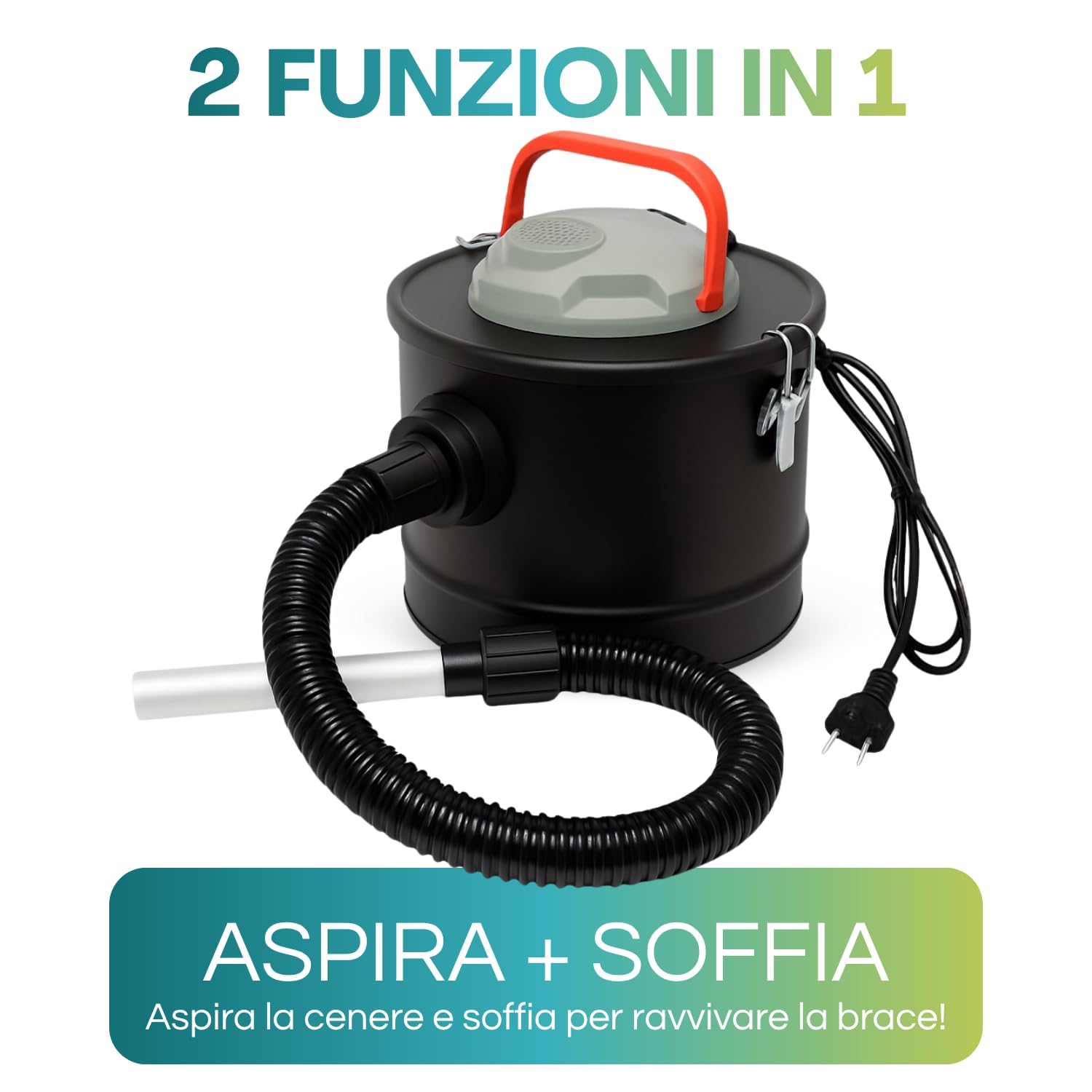 Paluplus Aspiracenere con Funzione Soffiante, Aspiratore con Filtro HEPA, Tubo da 80 cm e Bocchetta in Alluminio da 23 cm, per Pulizia Camini, Stufe a Pellet e BBQ, Potenza 600W -098M -3,13 (10 Litri)