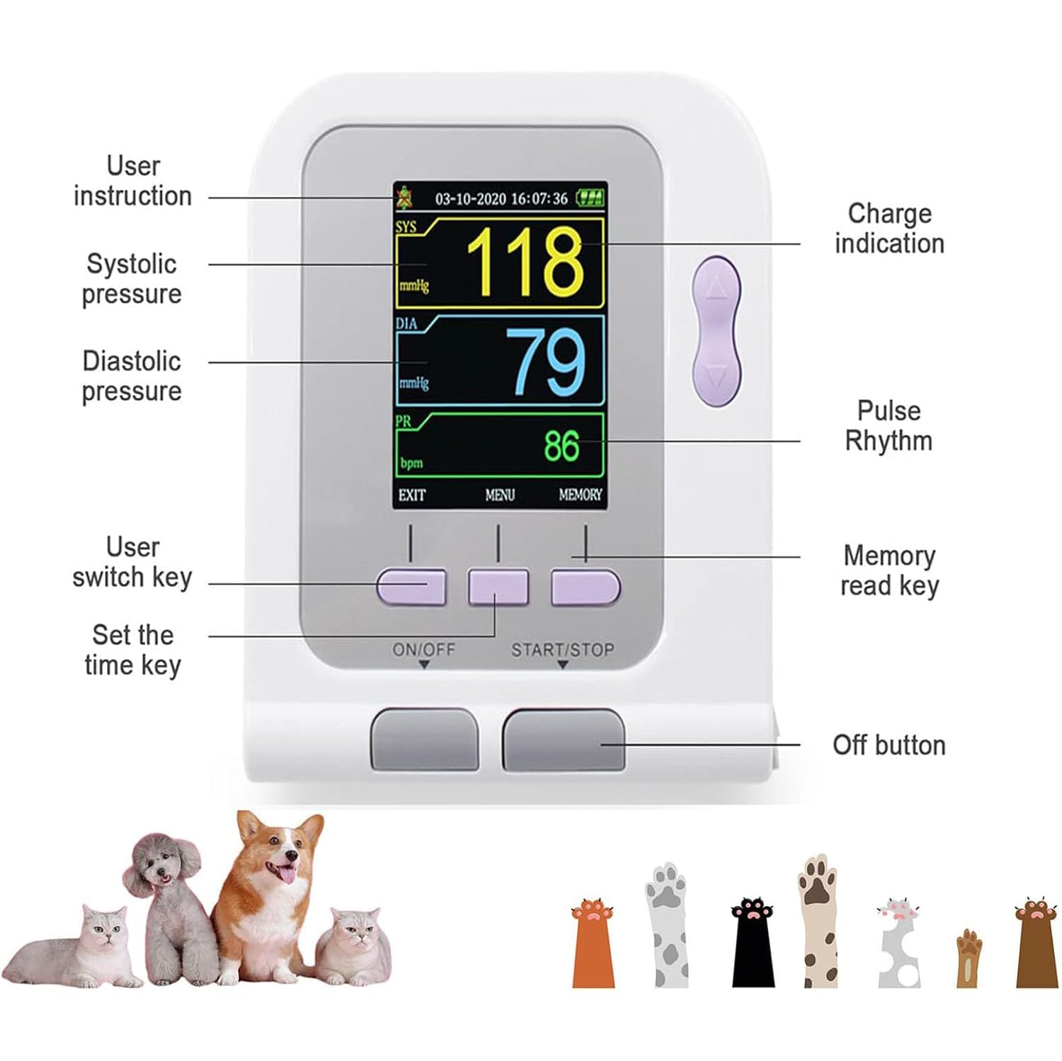 Veterinär Digitales Blutdruckmessgerät, 3 Modi, 3 Manschetten Mit Blutsauerstoffmessung, 100 Gruppen Datenspeicherung, HD-Farb-LCD-Display, BP-Abnormalitätswarnung, Für Hunde, Katzen, Haustiere