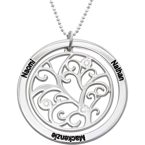 MYKA - Personalized Family Tree Necklace with Engraved Names & Birthstones for Woman, Mom, Her, Grandma - Custom Jewelry Gift for MotherÕs Day, Xmas, Christmas, Birthday - Round CZ Stone Pendant - 925 Sterling Silver, Gold & Rose Plated, White & Solid Gold - Precious Metals