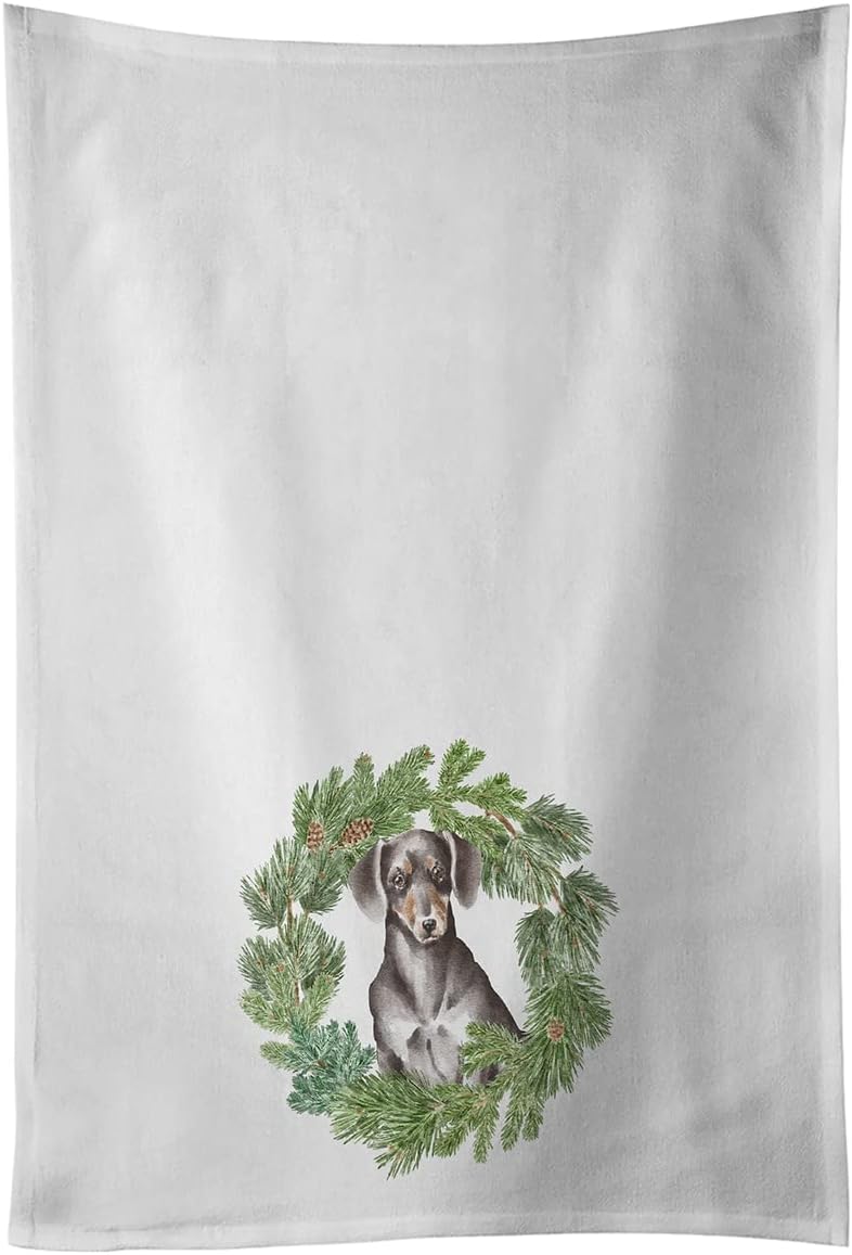 Caroline's Treasures CK8831WTKT Dachshund Black and Tan Christmas Wreath White Kitchen Towel Set of 2 Dish Towels Decorative Bathroom Hand Towel for Hand, Face, Hair, Yoga, Tea, Dishcloth, 19 X 25, W