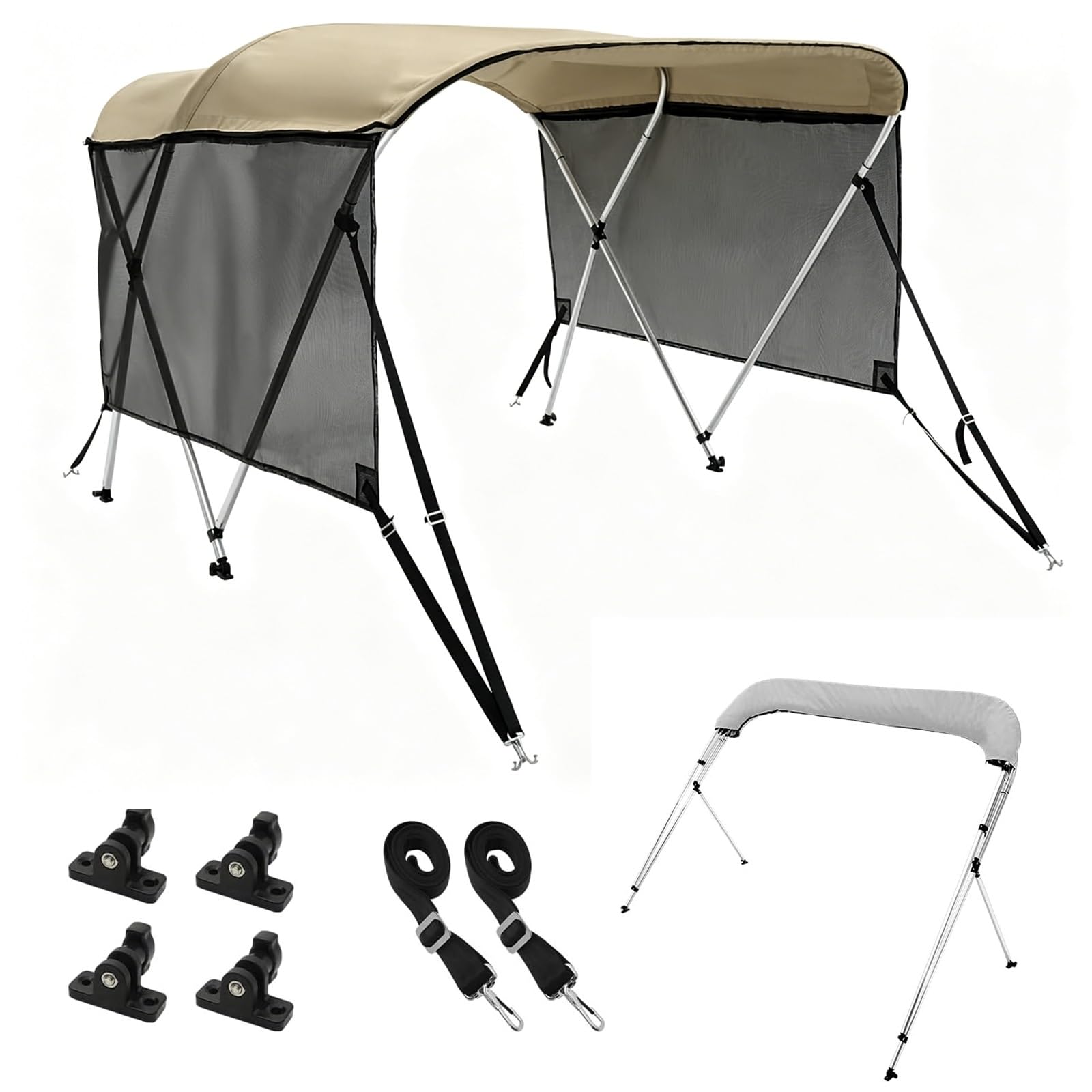 Tendalino Barca 3 Archi, Tendalino Bimini per Imbarcazione, Struttura in Alluminio, Pannelli Laterali Parasole, Tessuto Oxford 900D, 2 Pali di Supporto, 2 Cinghie(Beige,150-170cm/59-67in)