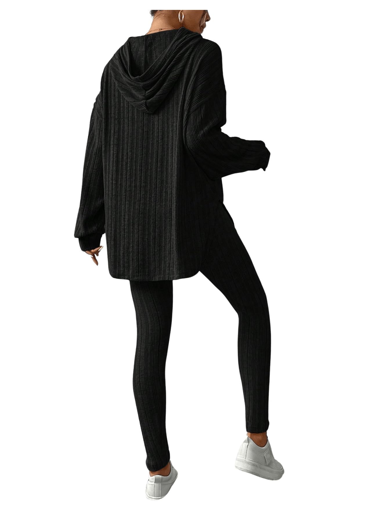 SweatyRocks Damski dwuczęściowy dres do joggingu, z dzianiny żeberkowej, z długim rękawem, bluza z kapturem, spodnie z dzianiny, zestaw do noszenia na co dzień