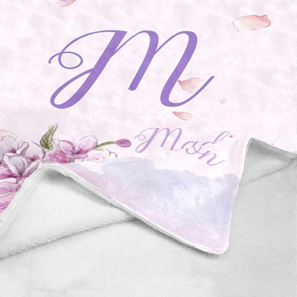 Personalized Baby Blanket Purple Flower Custom Nursery Swadding Blankets 30x40 Inches for Baby Boy Girl with Name Baby Shower Birthday Gift