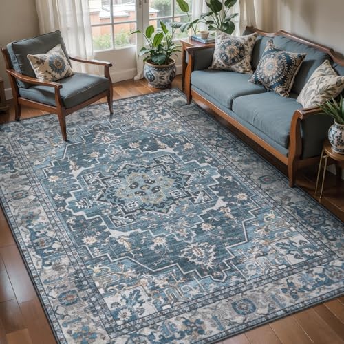 Image of Tangsoo Vintage 4x6 Washable Area Rug for Living Room, Non Slip Rug Blue