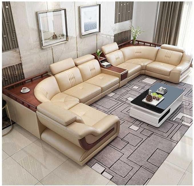 Aryana Leather Sofa Set, Beige Colour, 7 Seater, U-Shape, 40 Density Foam, Wooden Frame with Center Table-picture-10