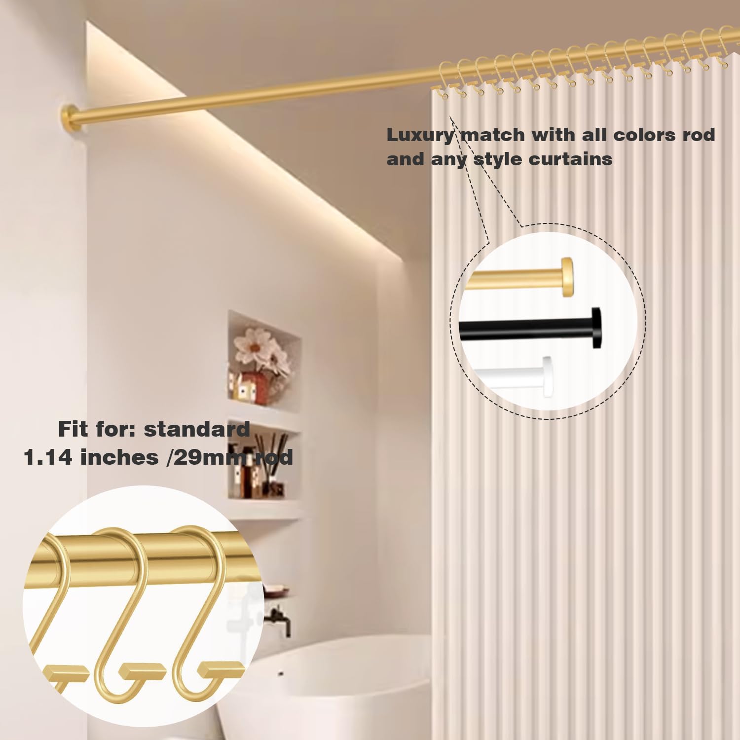 Gracelife Gancho decorativo para cortina de ducha, moderno, cuadrado, en forma de T, ganchos de ducha a prueba de óxido, anillos de cortina de ducha para baño (dorado)