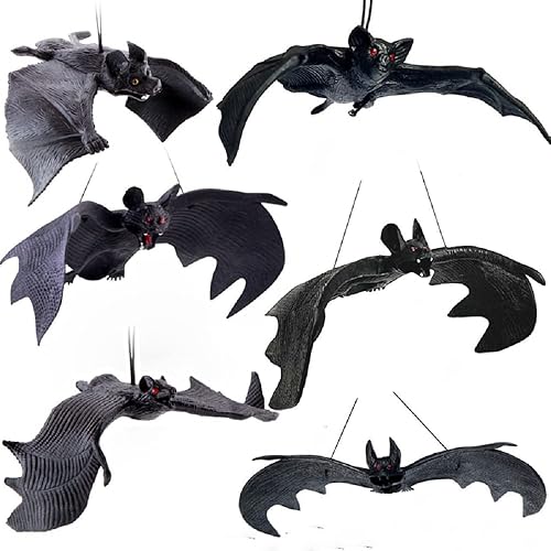MEIZHUD 6 tamaños diferentes de juguetes de murciélago simulados colgantes de animales de Halloween decoraciones de fiesta de los inocentes