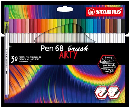 Rotulador premium con punta de pincel STABILO Pen 68 brush - Estuche ARTY con 30 colores