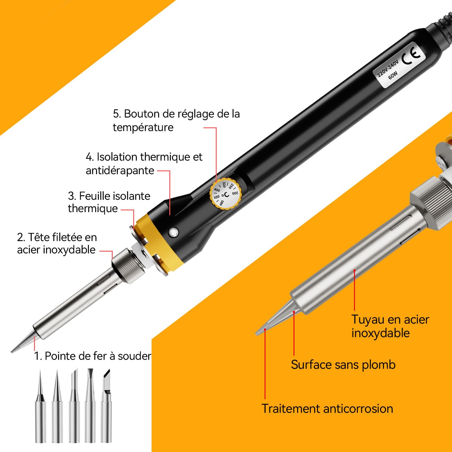 Kit de fer à souder en Céramique HHYSSG 60W, Température Réglable (180-480 °C), Outil de Soudage 13 en 1, Idéal Pour les Petits Travaux de Soudure et la Création de Bijoux DIY