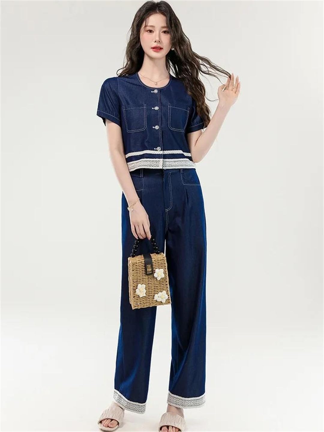 Women's Denim Two Piece Set Lace Patchwork Vest High Waist Pants Casual Outfit