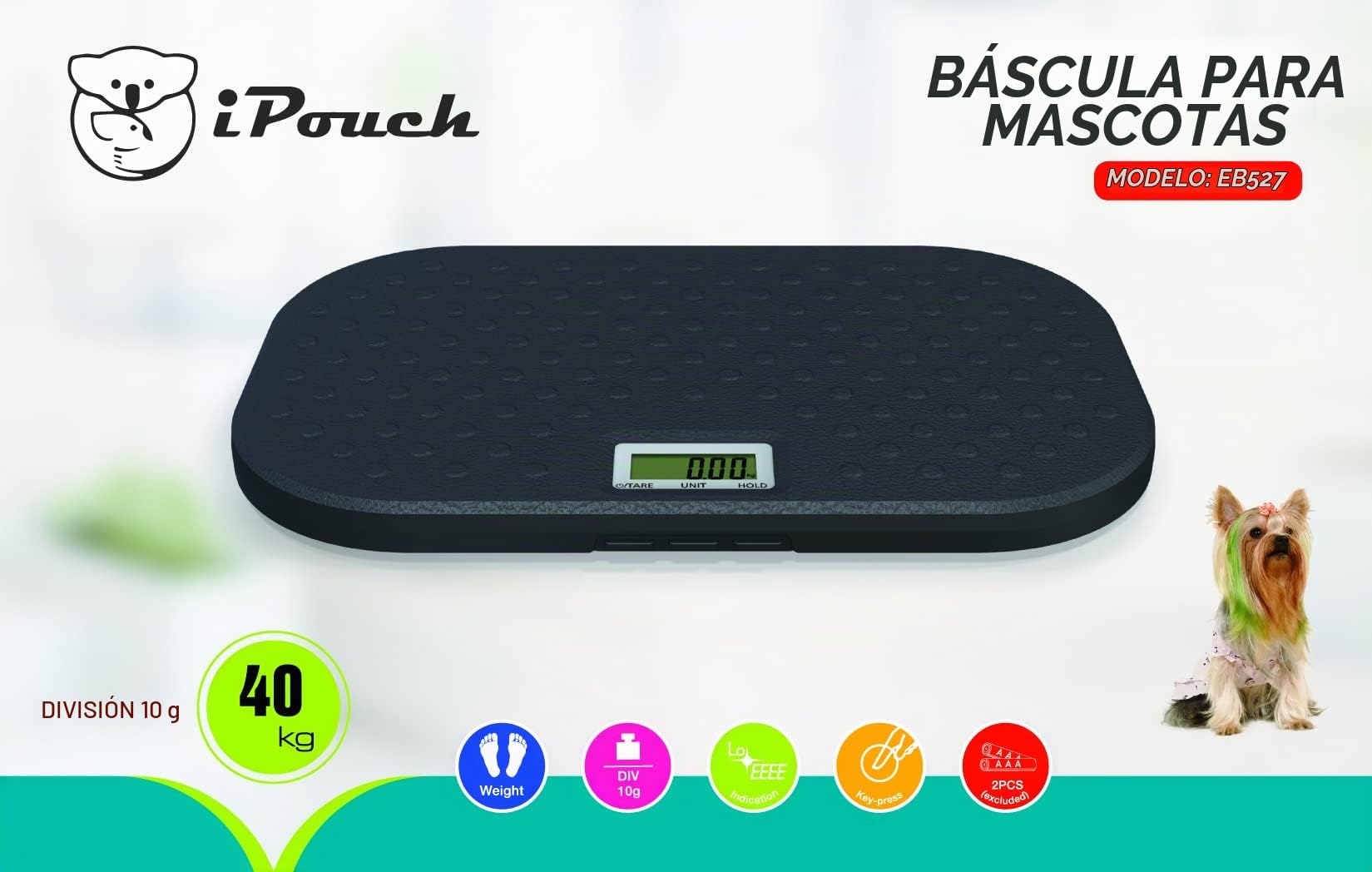 i-pouch 40Kg Digital Pet Vet Báscula Veterinaria Peso Dieta Básculas Electrónica amplia plataforma 10g precisión