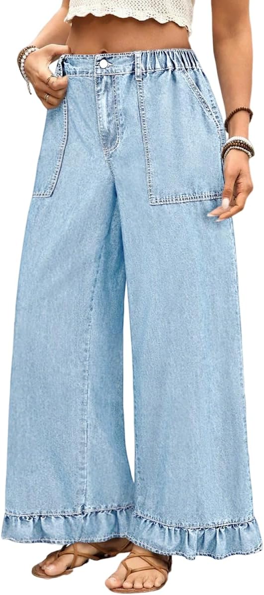 Apvirdy Elastic Waist Jeans for Women Plus Size Ruffled Wide Leg Denim Pants Solid Color Baggy Jean with Big Pockets