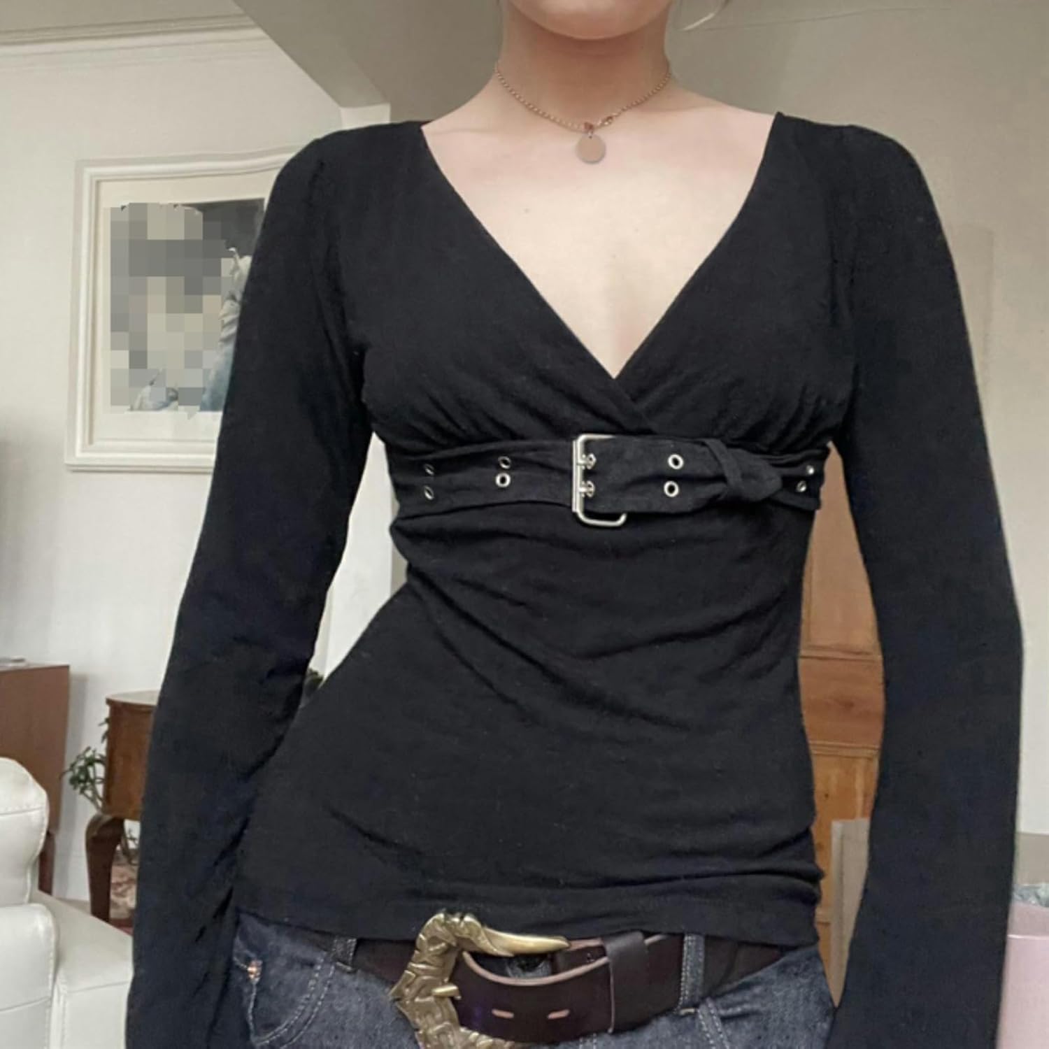 Sexy Punk Rock Long Sleeve Top V Neck Y2K Gothic Buckle Tops 2000s Grunge Clothes - Image 2