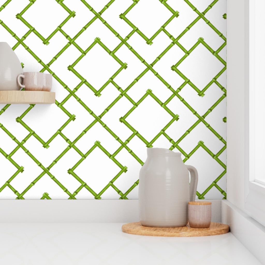 Removable Wallpaper Swatch - Bamboo Trellis Chinoiserie Green Spring Geometric Custom Pre-Pasted Wallpaper by Spoonflower