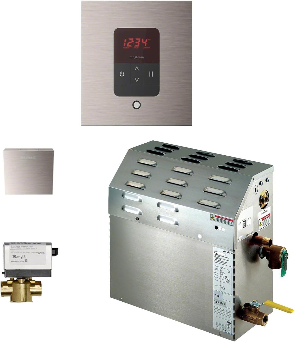 Mr.Steam eSeries Ms225EC1 7.5kW Steam Bath Generator at 240V with iTempo Square Control Brushed Nickel with matching AromaSteam SteamHead, and AutoFlush (max 161 cubic feet)
