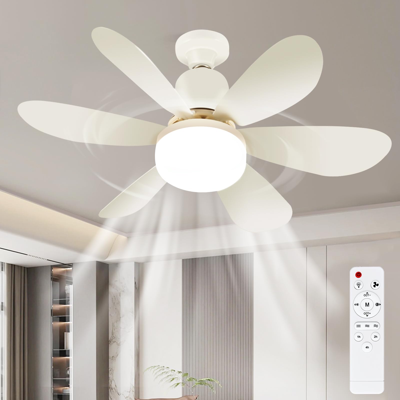 Ulikey Ceiling Fan with Light, Ceiling Fan Lamp, 3 Speeds and Adjustable 3 Colours, Quiet, Timing Function, Fan for Indoor Bedroom Salt