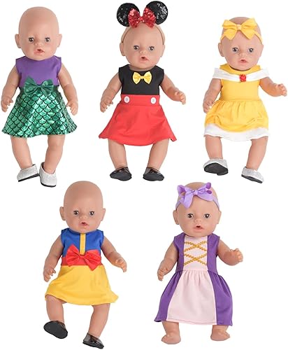 Sweet Dolly Accesorios para muñecas de bebé, 5 ropa de muñeca, 2 zapatos, vestido de princesa de sirena, pijamas de unicornio para muñecas de 15 a