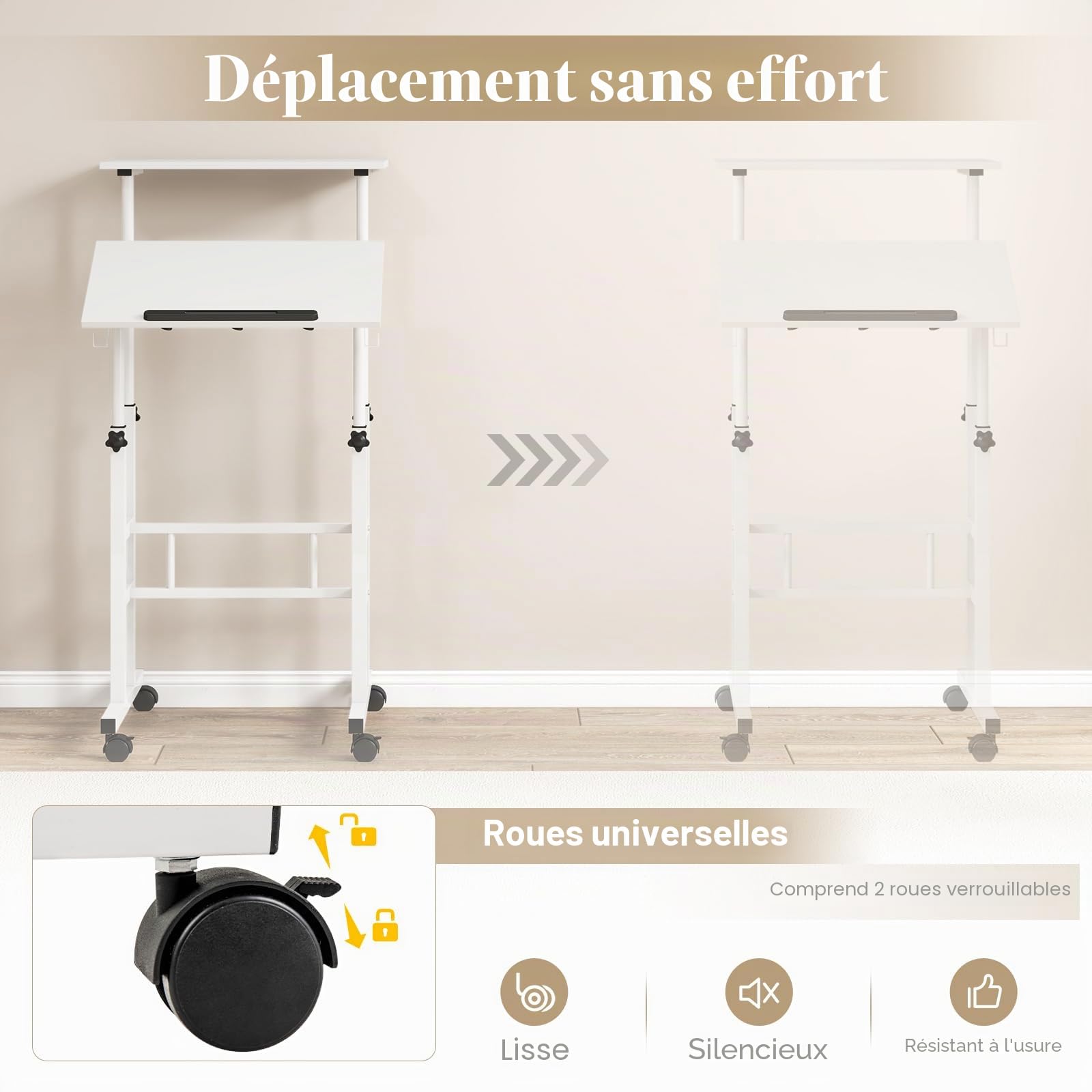 GIANTEX Bureau Assis-Debout, réglable en Hauteur, Table d'ordinateur à Dessin avec roulettes, Bureau Debout Mobile avec 2 Stations de Travail séparées, Table PC Table de Travail (Blanc)
