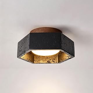 Modern Travertine Ceiling Light, Natural Stone Flush Mount Light Fixture | Minimalist Hexagon Close to Ceiling Lamp for Hallway, Entryway, Balcony, Kitchen(Black)