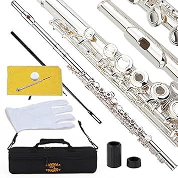Glory Silver Plated Intermediate Open/Closed Hole C Flute with Case,Tuning Rod,Polish Cloth,Joint Grease,a pair of Gloves and screw driver