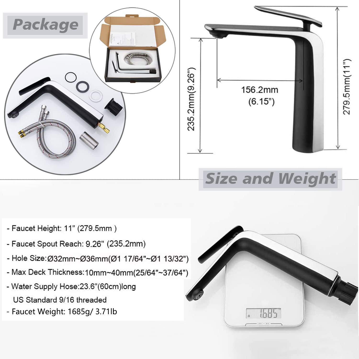 TOCALOCA Rubinetto per lavabo alto Rubinetto da bagno nero e argento, Rubinetto per lavabo in ottone Rubinetto per lavabo nero opaco e cromato Rubinetto per lavabo da bagno, Maniglia singola Rubinetto