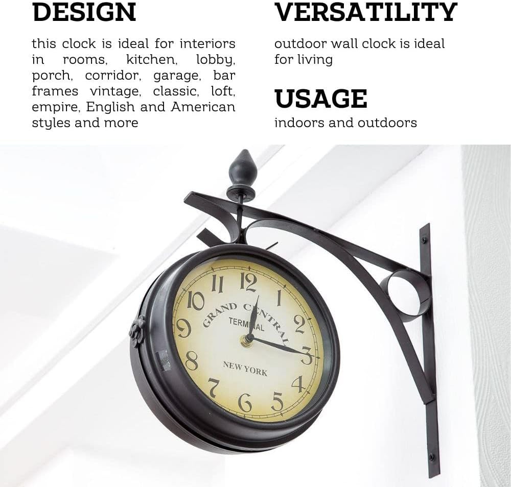 BELMAKS Vintage Double Sided Industrial Wall Clock for Outdoor Decorative Art Antique Decor Office Kitchen Silent 360 Degree Rotate