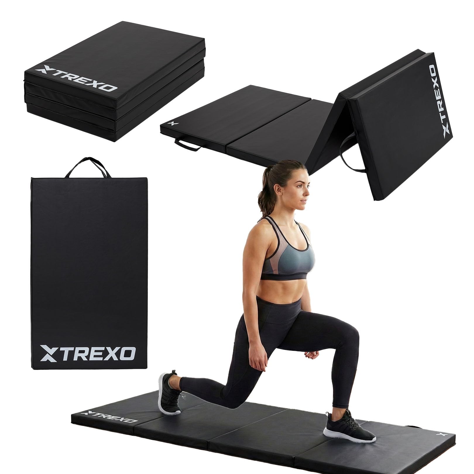 Klappbare Gymnastikmatte – Turnmatte 4-teilig – Kunstleder & EPE-Schaumstoff – Faltbar mit Tragegriffen – Rutschfest für Training, Yoga & Kinderzimmer (Schwarz, 195 x 80 x 5 cm)