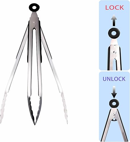 Miniatura 3 de gausfine Juego de 2 pinzas de cocina de metal de acero inoxidable de 9 y 12 pulgadas para cocinar, pinzas de bloqueo de alimentos agarre de silicona