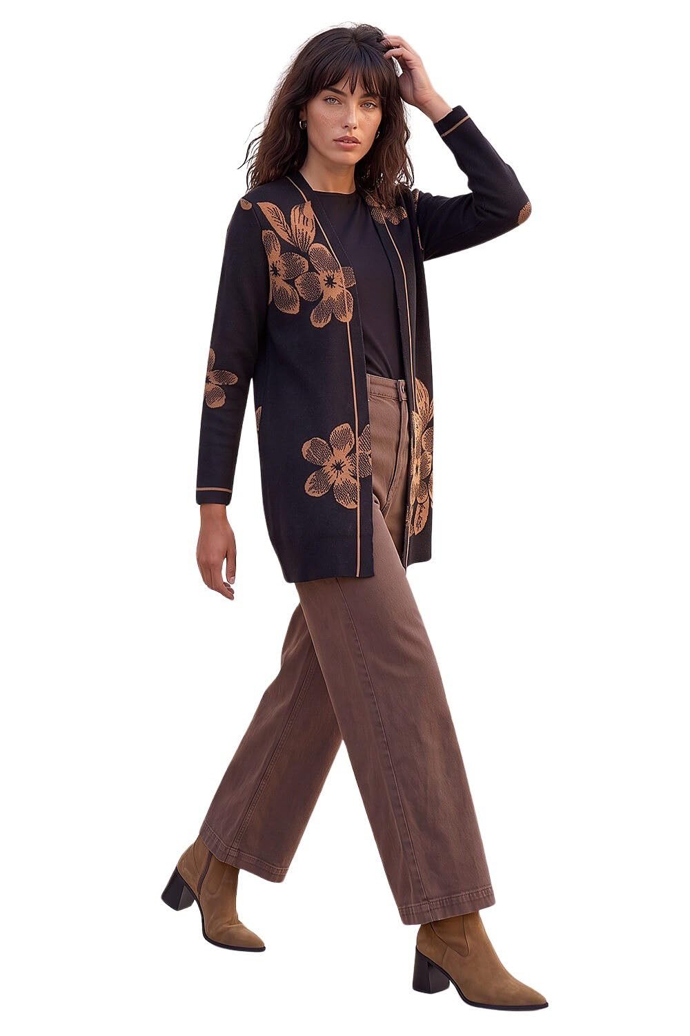 Roman Originals Contrast Floral Print Cardigan for Women UK - Ladies Everyday Autumn Winter Comfy Soft Evening Vacation Work Party Night Out