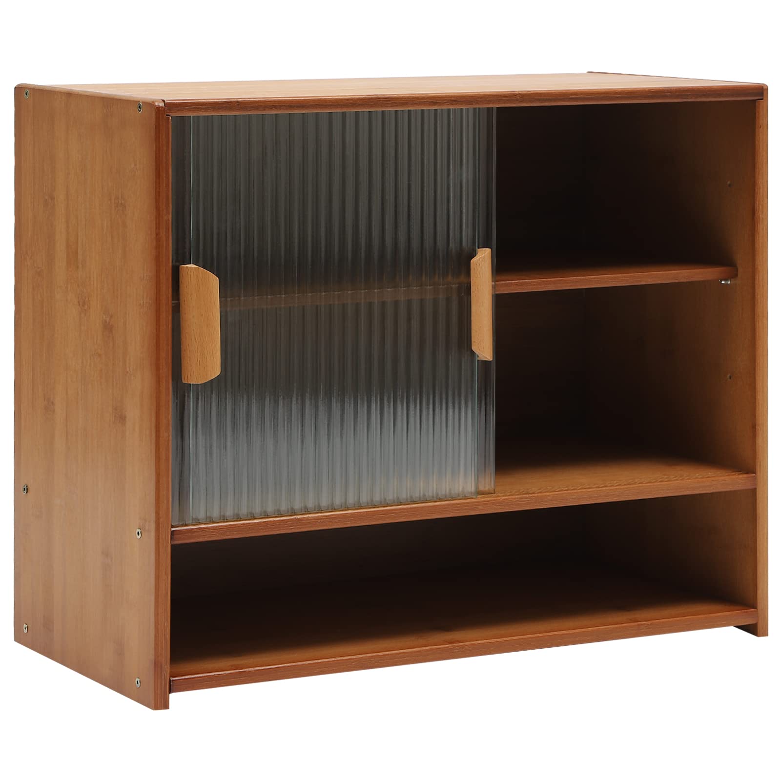 Natural Bamboo Buffet Sideboard Cabinet, Kitchen Sideboard Cabinet with 2 Sliding Striped Glass Doors Farmhouse Coffee Bar Cabinet Storage for Home