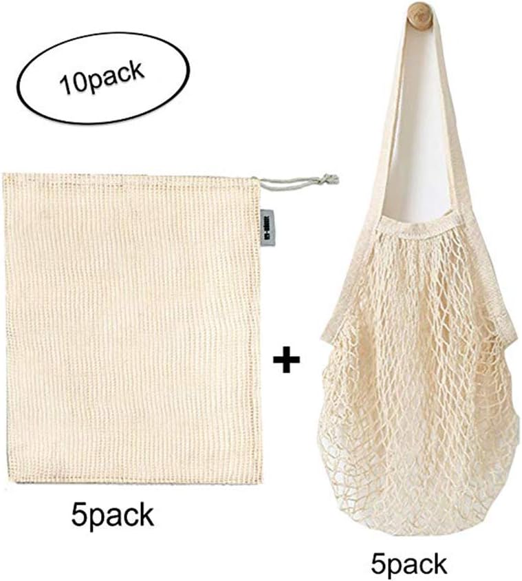 BEST REUSABLE PRODUCE BAGS for Grocery Shopping & Storage Net String Cotton Drawstring & Premium Mesh Bag Set Long Handle Portable Fruit Vegetable Pack of 10
