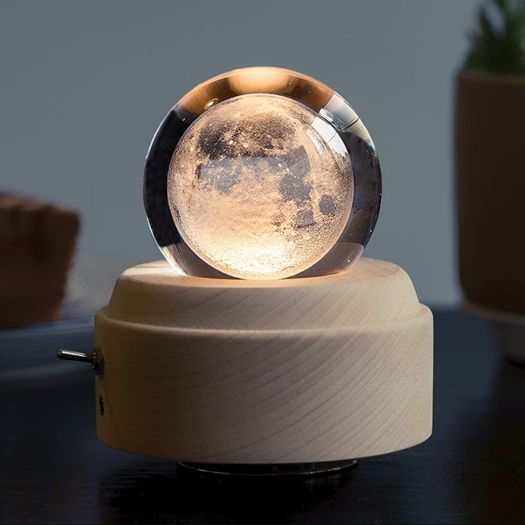TsoLAY HSF Moon 3D Music Box Crystal Ball Base in Legno Carillon Rotante con Luce a LED Regalo per San Valentino Natale (Color : Natural, Size : A)