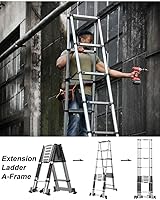 Vista 2 de Escalera telescópica tipo loft – Escaleras de extensión plegables de aluminio con marco A portátil para el hogar, 8.9 ft/10.2 ft/11.5 ft/12.8