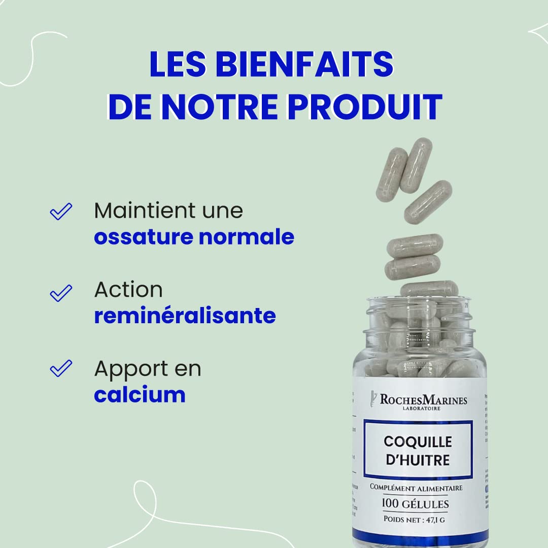 Roches Marines - Complément alimentaire Coquille d'huître - Apport en calcium naturel - Capital osseux - Confort osseux - 100 gélules - Développé en France