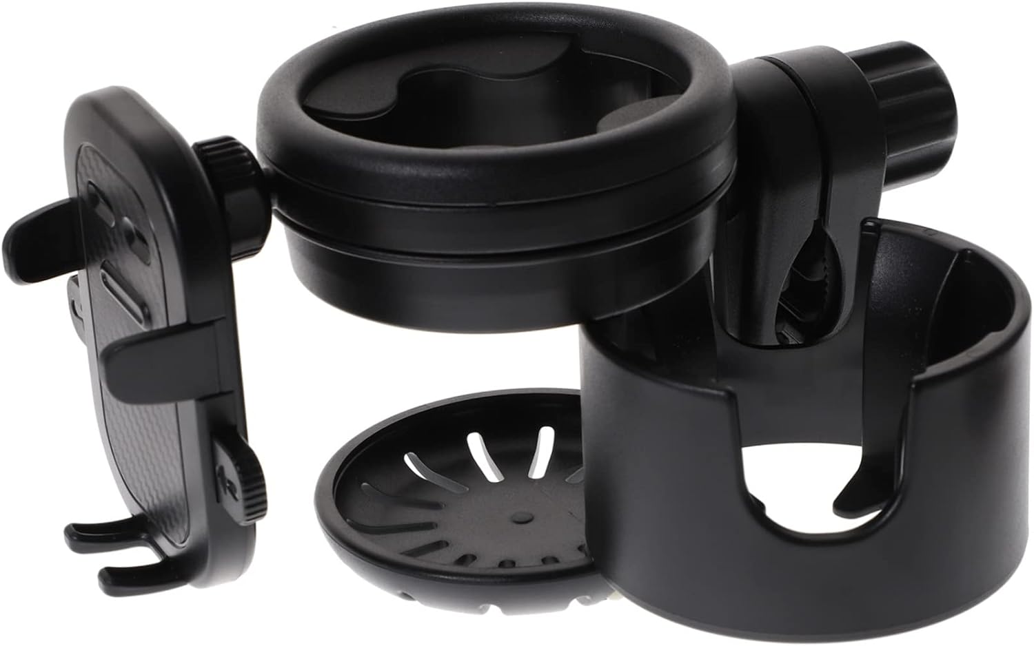 Yardwe Universal Stroller and Bike Cup Holder for Baby Bottles Black with Phone Holder Adjustable and Compatible with Wheelchairs Walkers and Scooters