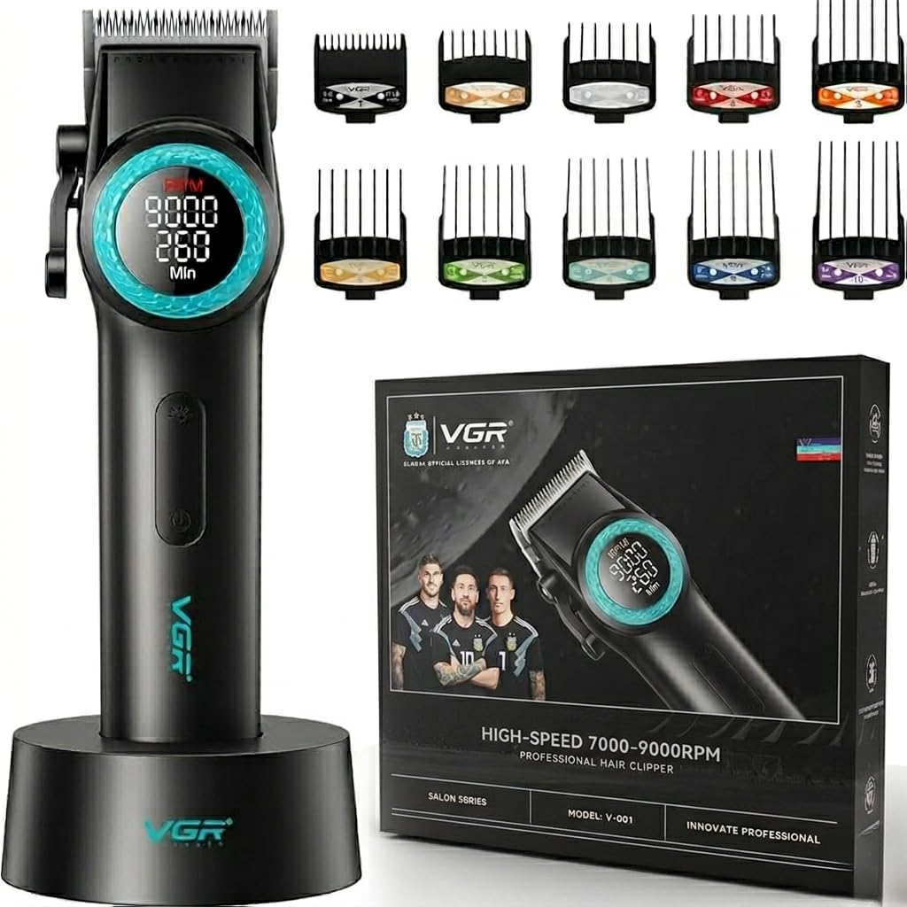 VGR V- 001 Ultra Premium 7000-9000RPM Professional hair clipper Taper lever 5 Level 10x combs 4600MAH battery adapter charging base 21-level speed change Digital display LED light 300 Min, BLUE-image-21