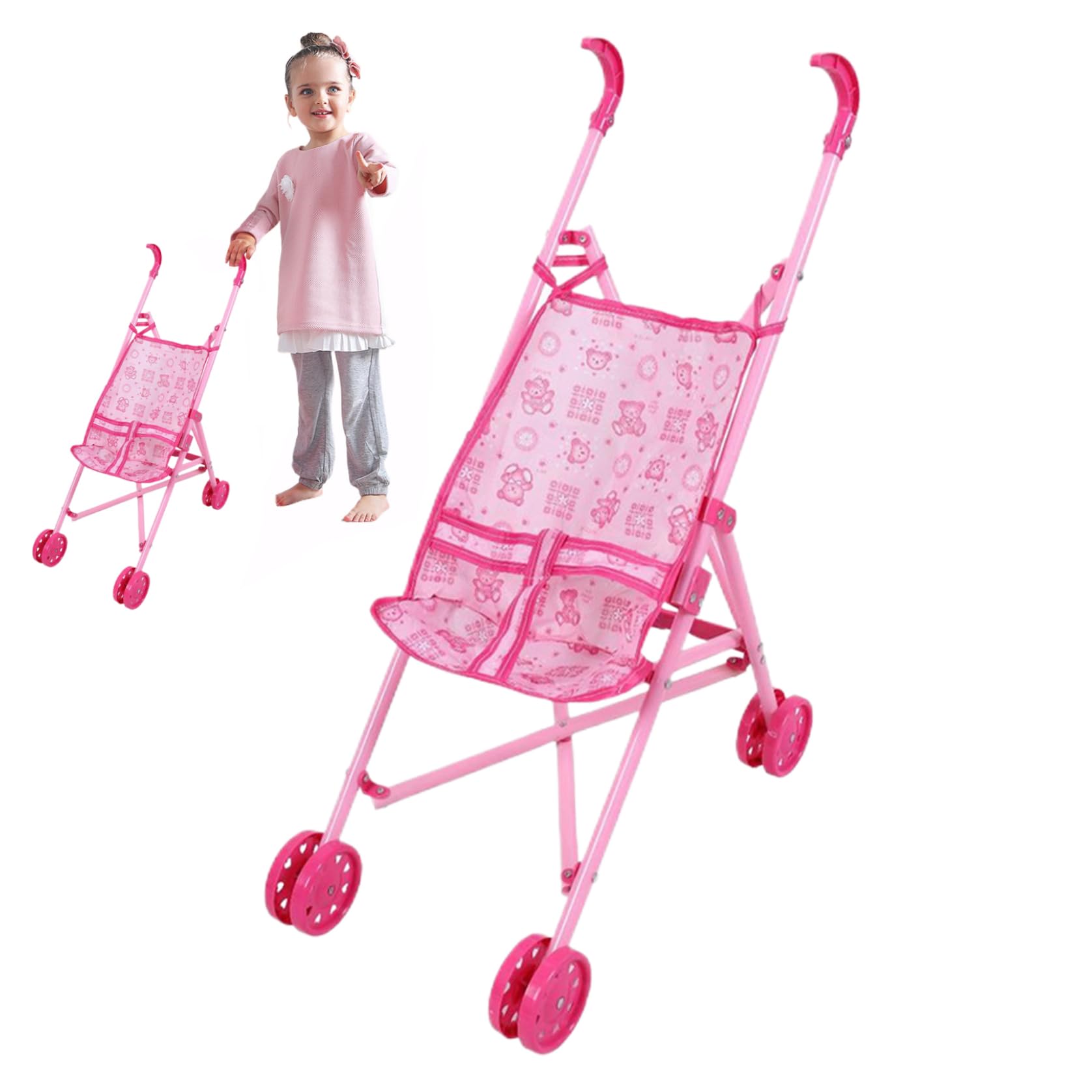 Doll Stroller|Doll Stroller Cartoon Pattern Baby Foldable Pram with T-shaped Safety Belt & Push Handle Detachable Washable Baby Pram for Girls, Pretend Play, Style1