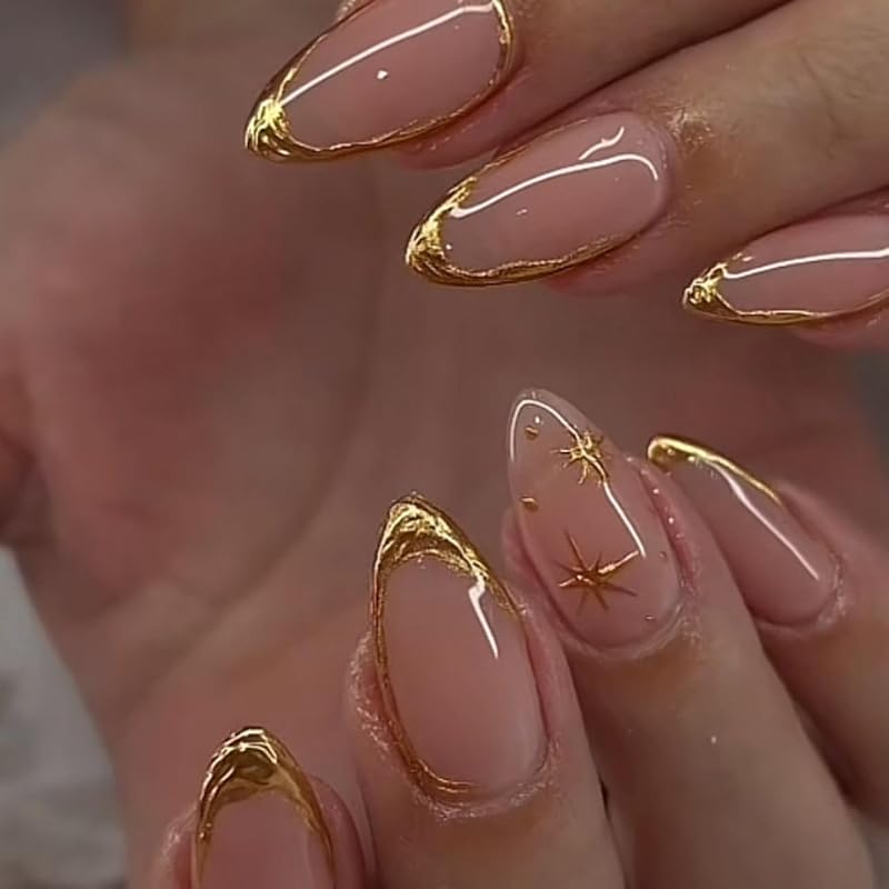 Uñas postizas doradas con punta francesa, almendra mediana, línea 3D, punta francesa, uñas adhesivas, uñas acrílicas reutilizables de diseñador, uñas postizas con pegamento en las uñas, uñas postizas de uso diario para mujeres