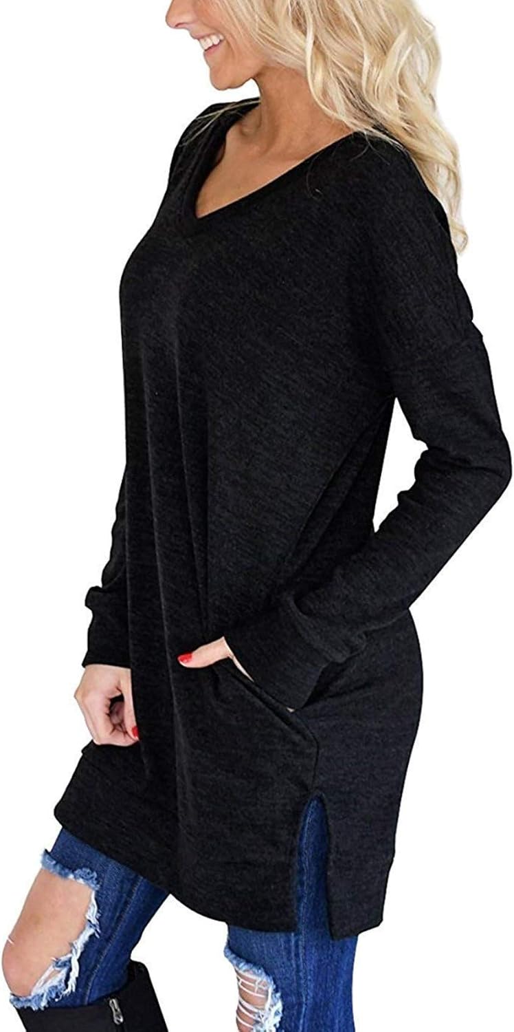 LERUCCI Womens Casual Long Sleeves Solid V-Neck Tunics Tops with Pockets Black X-Large - Image 4
