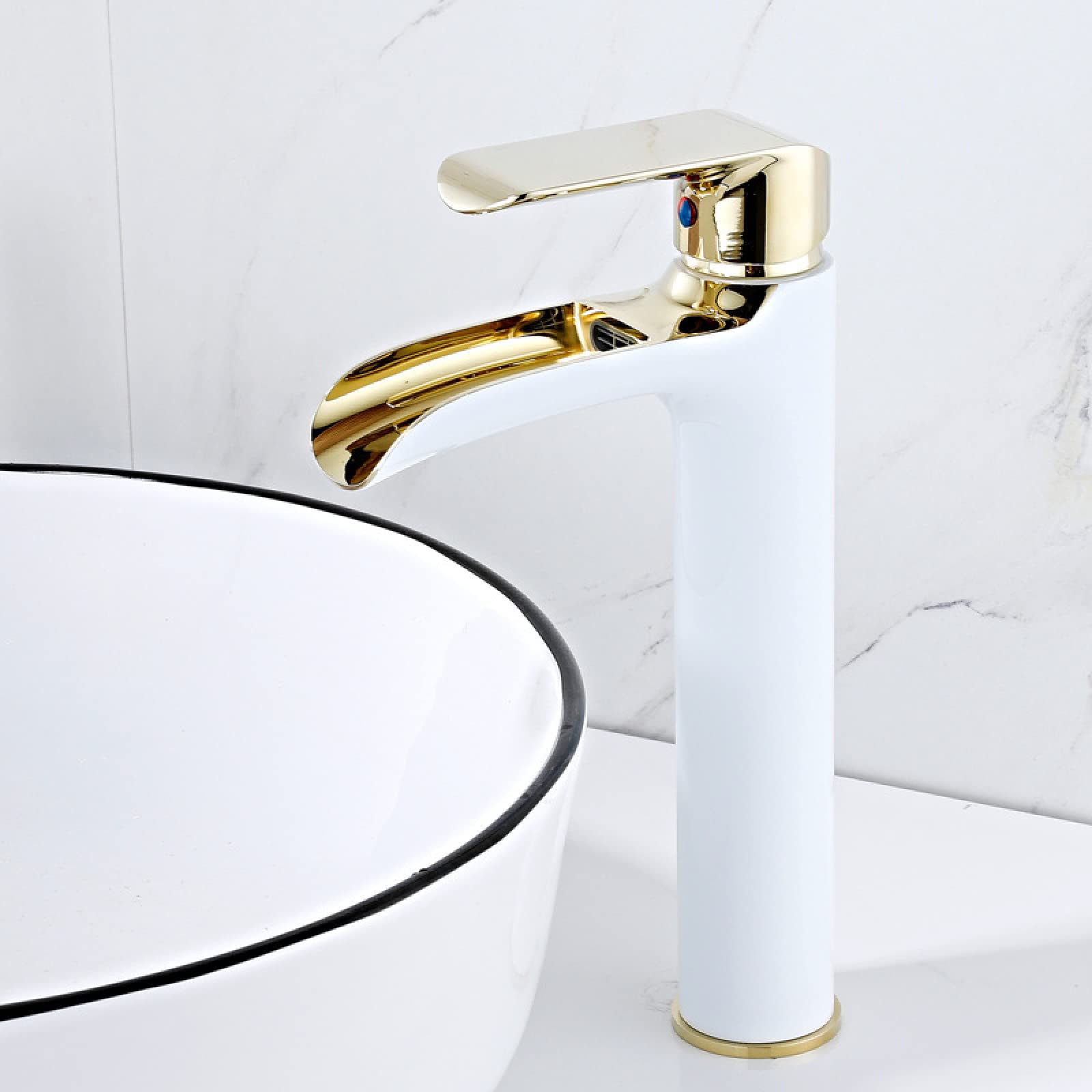 Robinet cascade pour lavabo anti éclaboussure mitigeur laiton haut blanc or