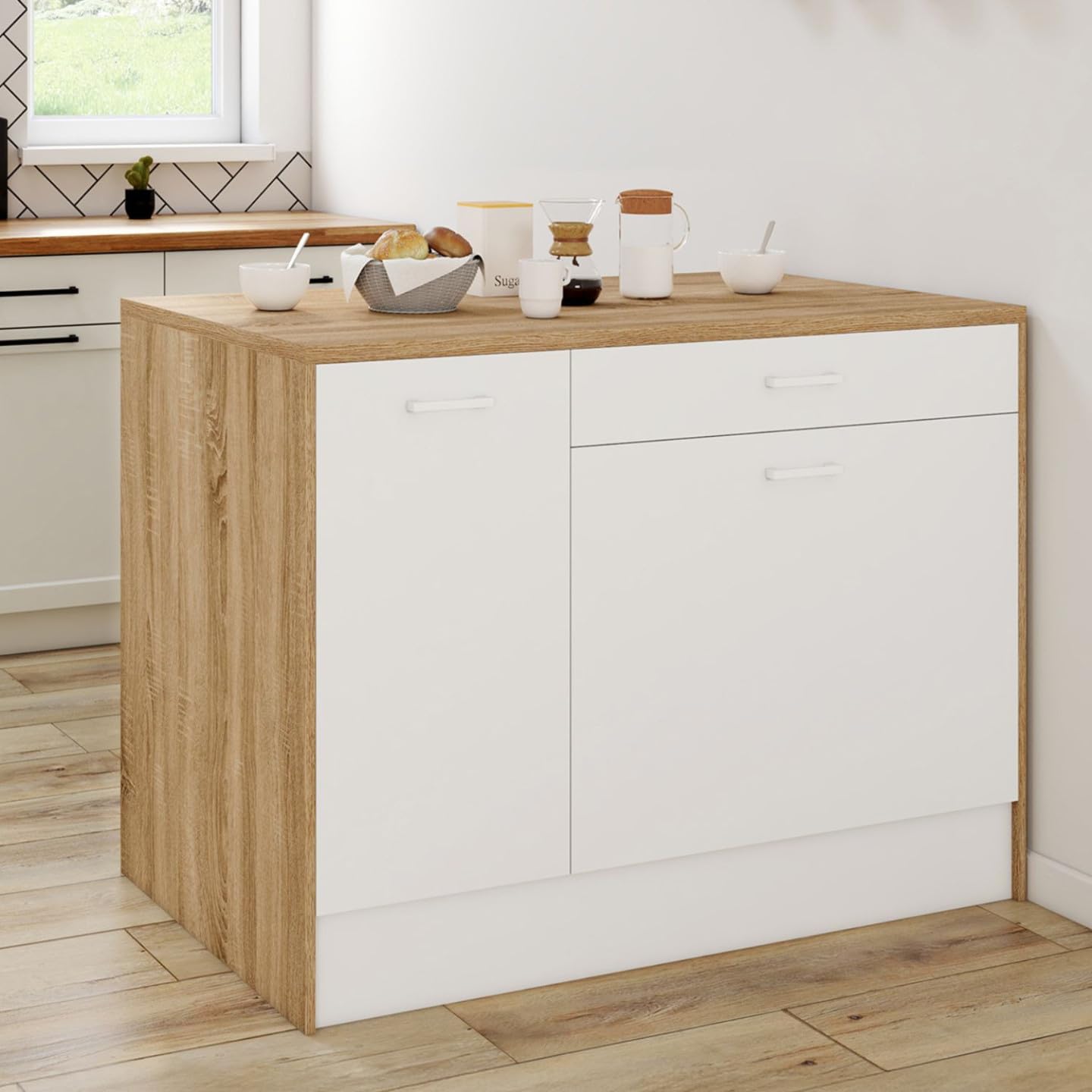 IDMarket - Ilot Central LIO Maxi capacité de Rangement Bois et Blanc