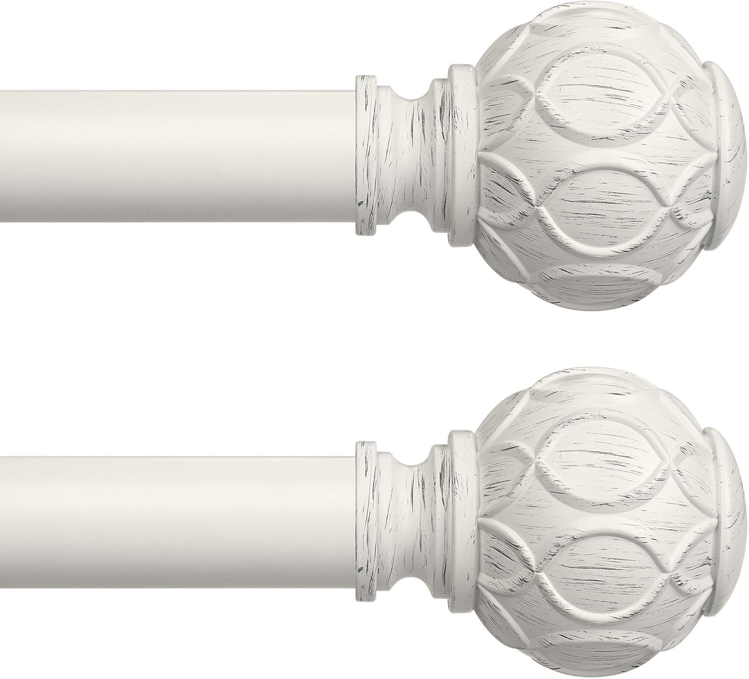 2 Pack Antique White Curtain Rods for Windows 48 to 84 Inch, Adjustable Vintage Decorative 1 Inch Heavy Duty Curtain Rod, Rustic Farmhouse Drapery Pole with Boho Netted Texture Flower Finials White 36''-88'' (2 Pack)