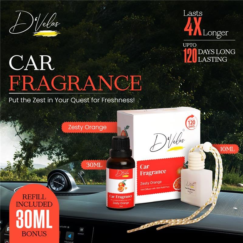 Image of D'Velas 40 Ml Car Fragrance Diffuser Set Long-Lasting Upto 120 Days | Zesty Orange | No Paraben | 10 Ml Wooden Lid Bottle with 30 Ml Refill | Perfume Diffuser | Odor Eliminator for Car Interior