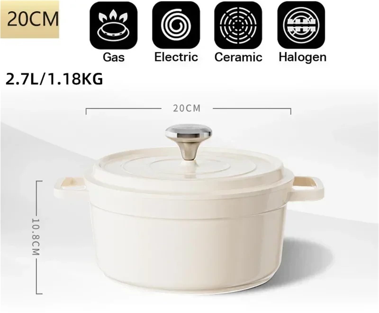 Casseruola in Ceramica Smaltata, pentola con Coperchio, casseruola Antiaderente, per Raccogliere energia e conservare Il Calore (Colore Bianco, 20 cm)