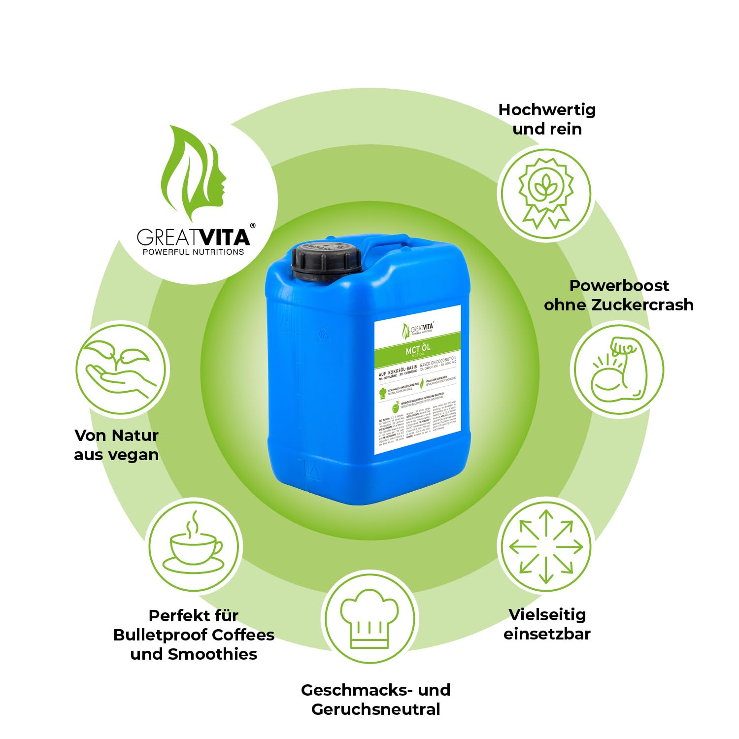 GreatVita MCT Öl auf Kokosölbasis 5000 ml Kanister | 70% Caprylsäure (C8) & 30% Caprinsäure (C10) Fettsäuren | 100% reines MCT Oil geschmacksneutral, zuckerfrei, GVO-frei
