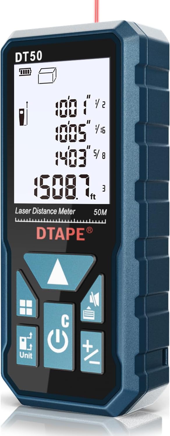 DTAPE Laser Measure 165ft, DT50Laser Distance Meter 50M, Portable Handle Digital Measure Tool Range Finder, Larger Backlit LCD 4 Line Display IP54 Shockproof