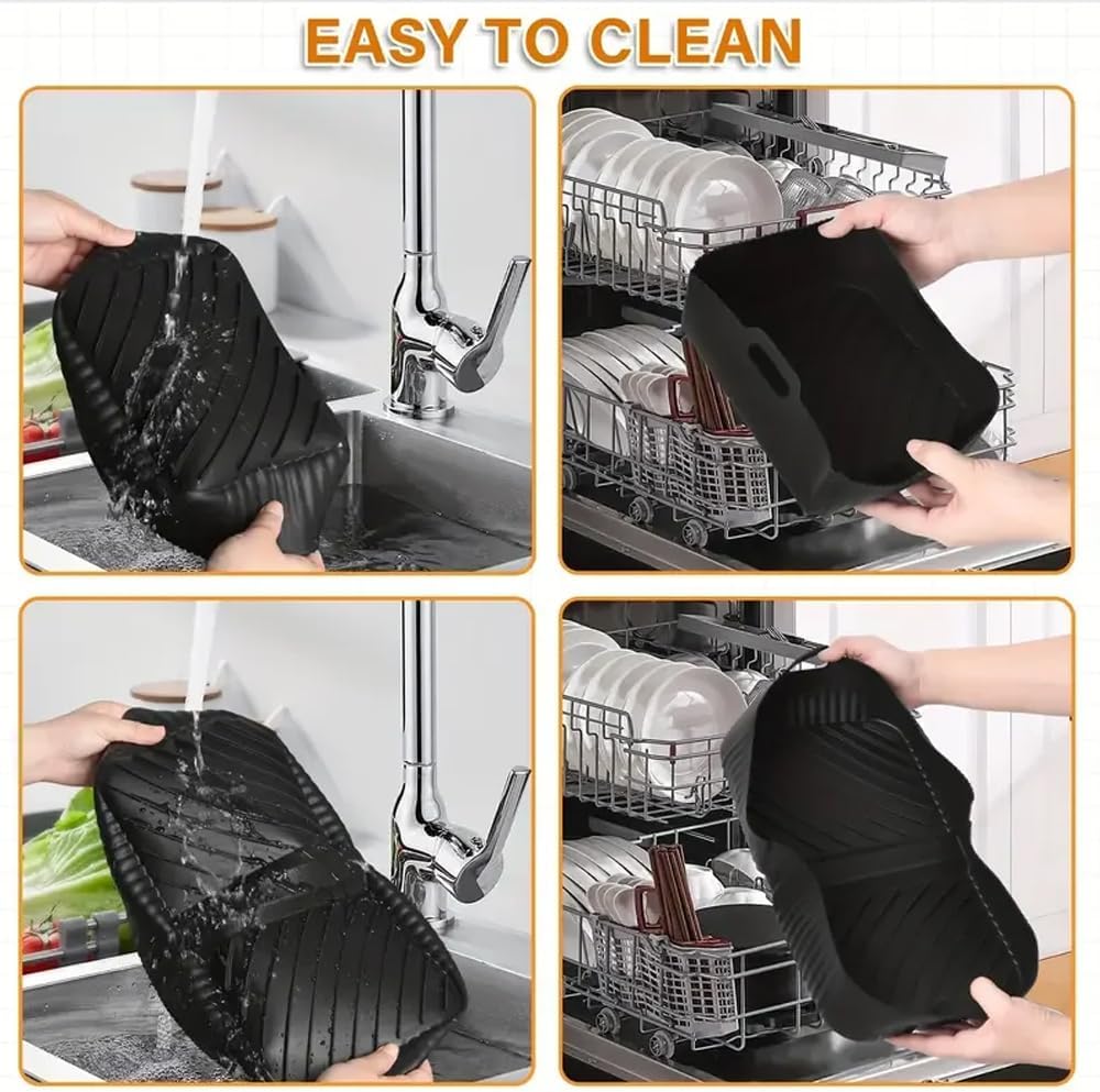 Enegg Airfryer Silicone Liners being cleaned by hand under running water and placed in a dishwasher for easy cleaning.