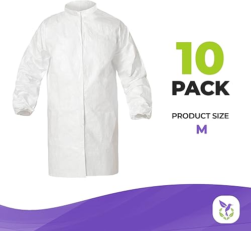 Miniatura 2 de AMZ Disposable Lab Coat, Medium. Pack of 10 White Disposable Lab Coats for Adults. 60 GSM Microporous Disposable Coats Medical PPE with Elastic
