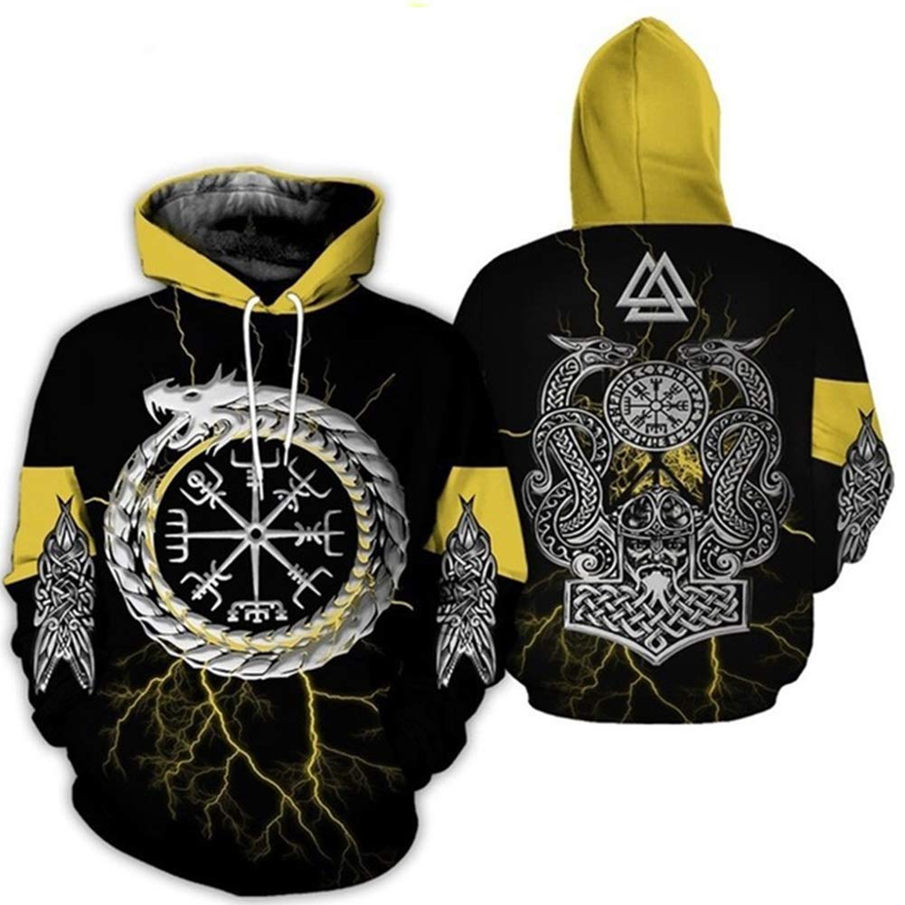 WLXWViking Tattoo Hoodie Realistic 3D Print Unisex Sweatshirts, Long Sleeve with Pockets Hiphop Anime Punk Rock Comfortable Soft Pullover,S