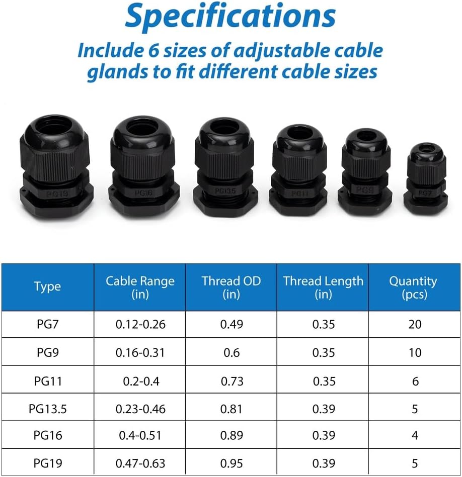 Waterproof Nylon Plastic Cable Gland Joints Wire Protectors For Electrical Box, Nylon Pg7 Pg9 Pg11 Pg13.5 Pg16 Pg19, 50Pcs Adjustable 0.12-0.63'' Cable Gland Connectors, Cord Grip Cable Glands